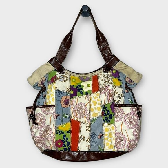 FOSSIL colorful floral patchwork canvas tote purse shoulder bag spring boho - Picture 1 of 5